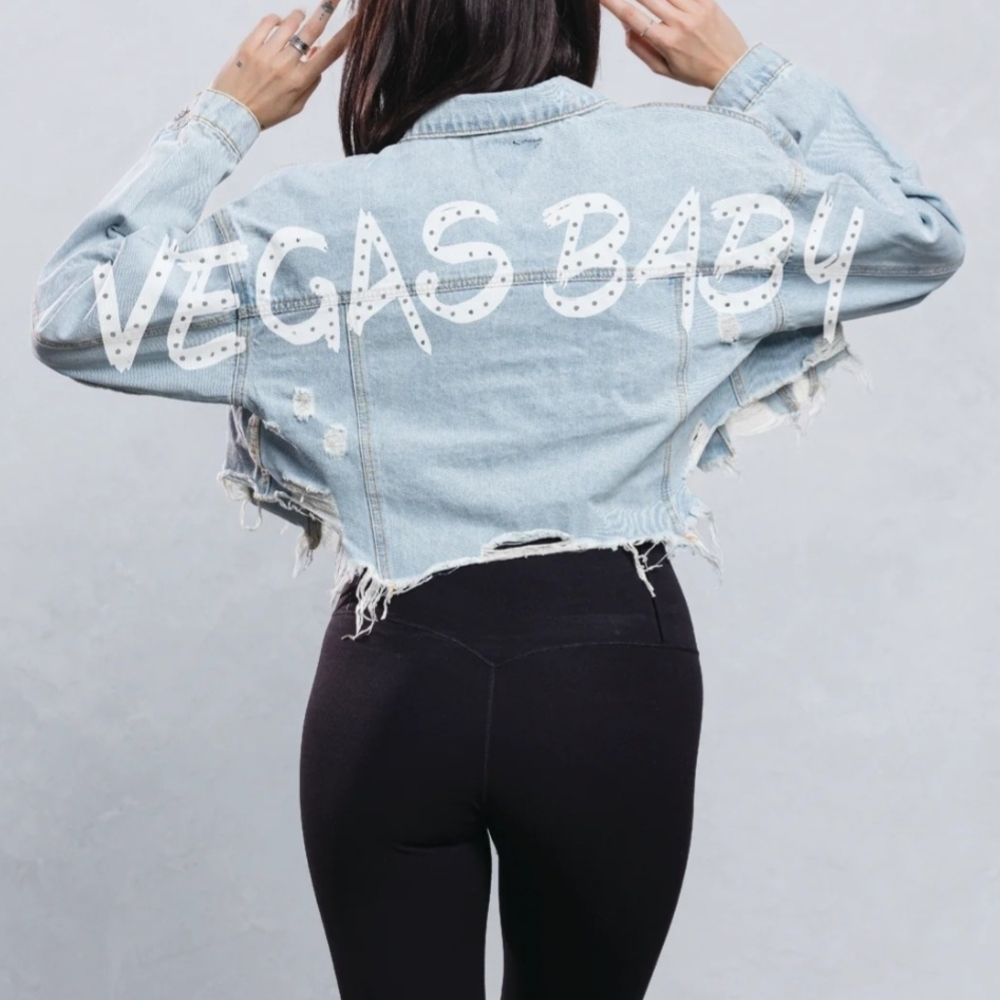 🔥Crop Denim Jacket Crystal Print 'Vegas Baby' Crystal Print Size M-L